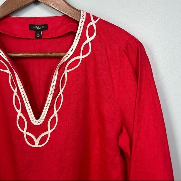 Talbots Womens 100%‎ Linen Tunic Top Size S Petite Red Embroidered Trim Beach - Picture 6 of 12